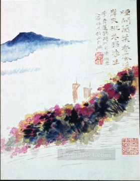 Orilla del río Shitao de flores de durazno tinta china antigua Pinturas al óleo
